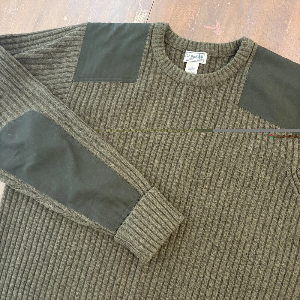 LL Bean Men's 2XLT Tall Commando Wool Sweater Ribbed Green Elbow Patches